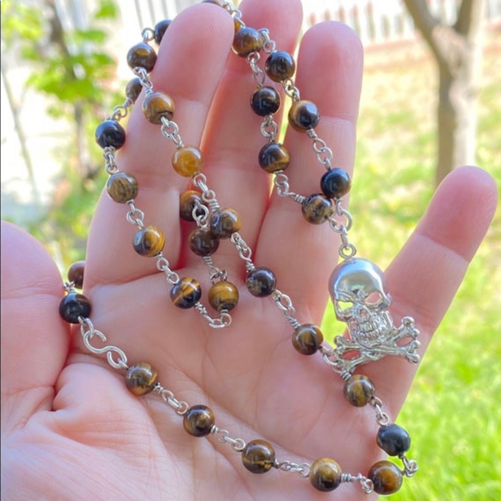 925 Ss Skull Unisex Necklace Tiger Eye Crystal